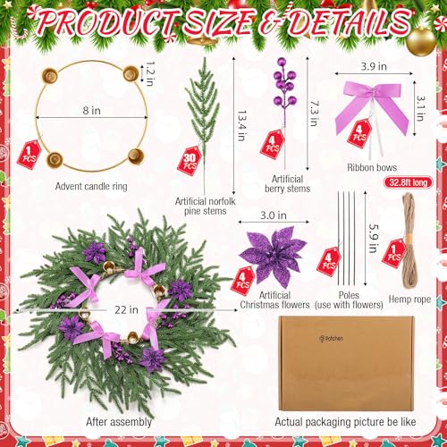 Potchen Classic Christmas Advent Wreath Ring Candleholder 22 Inch Purple Ribbon DIY Decor