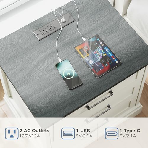 White Farmhouse Nightstand with Built-in USB Charging Station & 3 Drawers - DUMOS