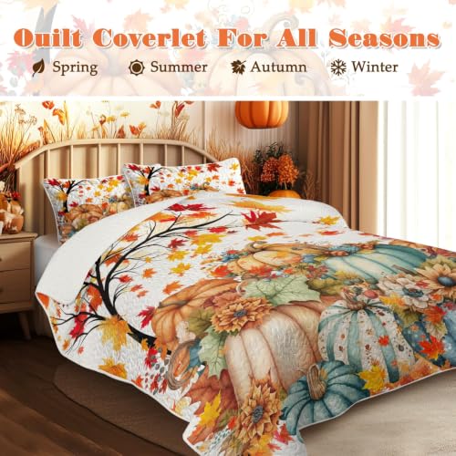 BlessLiving King Quilt with Colorful Pumpkins - Halloween Fall Blue Bedding - Variation: Pumpkin Flower