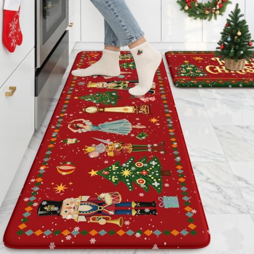 Sungea Christmas Kitchen Mat 17.3x29 + 17.3x47 Anti-Fatigue Non Slip Rug