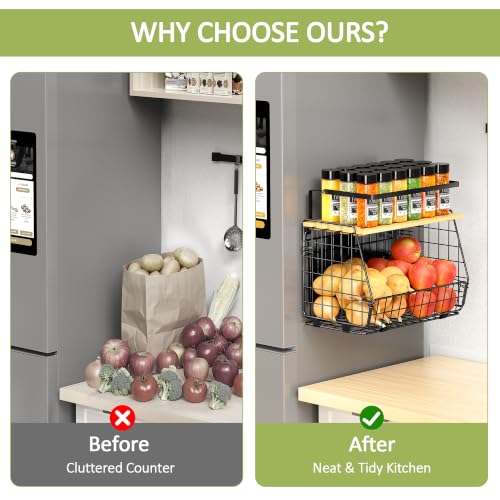 2 Pack Magnetic Fridge Shelf with Fruit & Vegetable Bins - Black