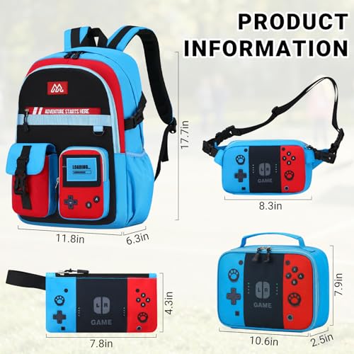 TILYTADLY 4-Piece School Backpack Set for Boys - Red-Blue Video Game Bookbag with Lunch Box & Detachable Waist Bag for Ages 6-18