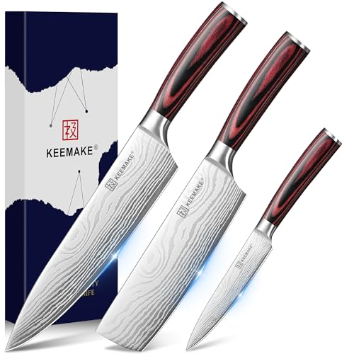 KEEMAKE Red 3-Piece Kitchen Knife Set - Sharp Chef, Nakiri & Utility Knives