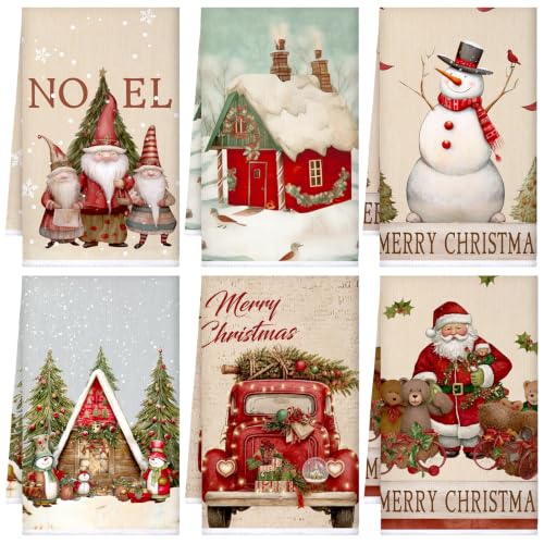 Sratte 6 Pack Christmas Kitchen Towels Vintage Winter Snowman Brown