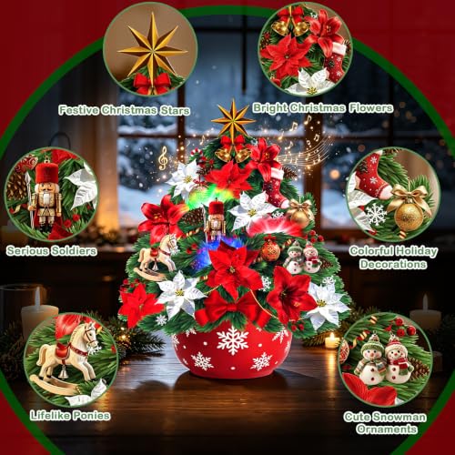 XUNXMAS 10-Inch 3D Pop-Up Christmas Card with Light & Music - Poinsettia Bouquet, Holiday Greeting, Christmas