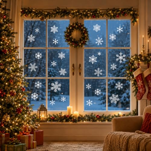 MDDRUIQI White Christmas Snowflake Window Clings - 9 Sheets, 132 Decals