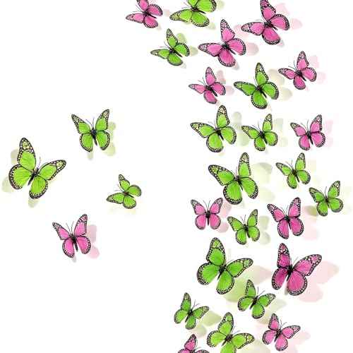 Chuangdi Monarch Butterfly Decor 3 Size Fake Butterflies Realistic Butterfly Crafts Artificial Wall Decor for Craft Halloween Day of The Dead Birthday Party(48 Pcs,Pink, Green,3.2inch,4inch,4.7inch)
