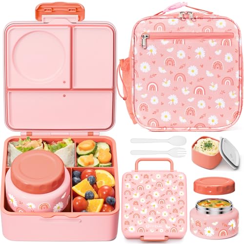 Fimibuke Rainbow & Daisies Kids Bento Lunch Box Set with Insulated Bag & 8.5oz Thermo Jar
