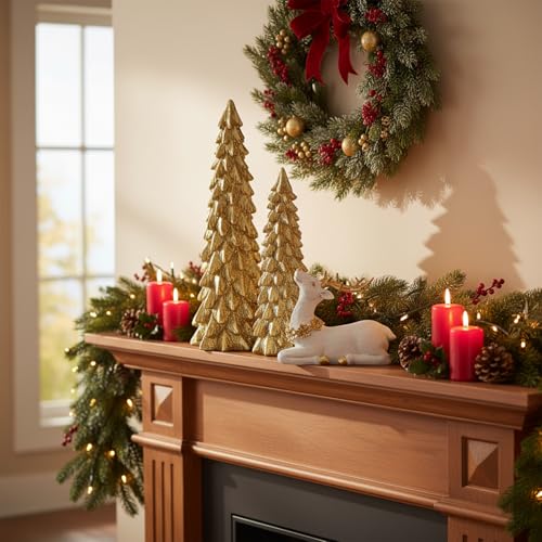 Gold Christmas Reindeer & Tree Figurine Set - Holiday Decor, Resin, 3 pcs