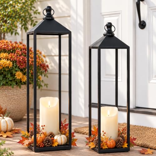 MATAHUM 22in & 19in Black Modern Candle Lantern Set - Outdoor & Indoor Decor