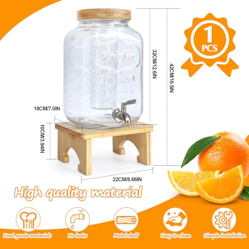 2 Gallon Glass Beverage Dispenser with Wood Stand & Stainless Steel Spigot