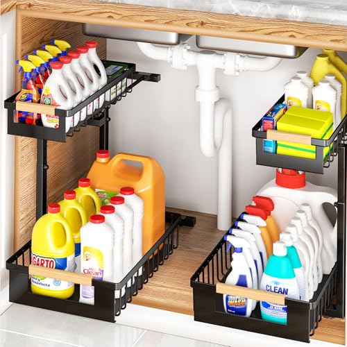 Under Sink Organizer 2 Pack Black - L-Shaped Pull Out Cabinets, Adjustable Metal Storage Rack