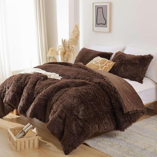 King Size Faux Fur Comforter Set - Coffee Brown, 3 Pieces, Plush & All-Season