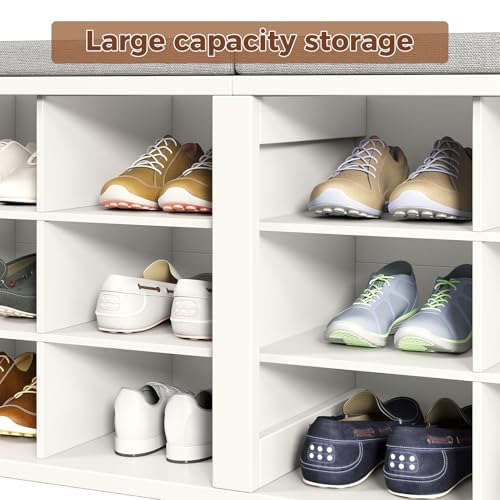 AraSyleon White & Gray 18-Cubby Shoe Storage Bench with Cushioned Seat