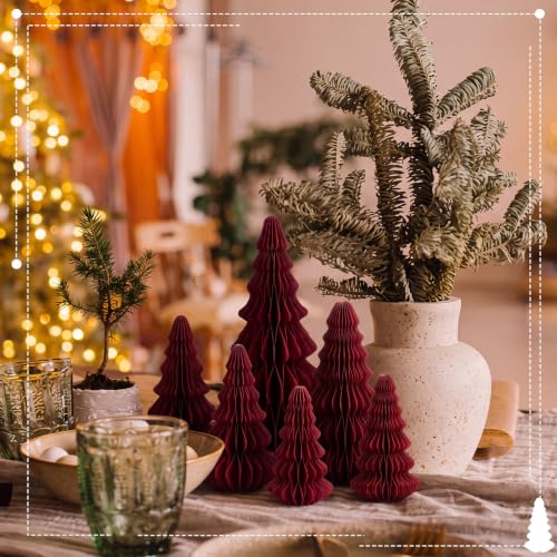 Fullhawl 10 Pcs Honeycomb Paper Christmas Tree Set Burgundy 4/6/7/10 Inch