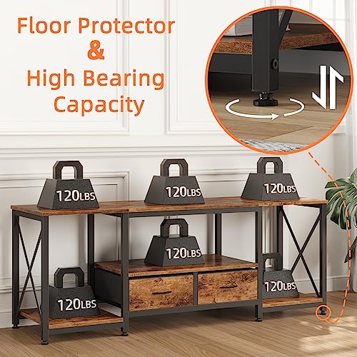Rustic Brown TV Stand with Fabric Drawers - 55.1-inch Entertainment Console with Open Shelves