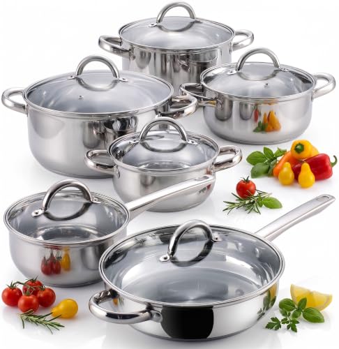 Cook N Home 12-Piece Stainless Steel Cookware Set with Silver Handles, Versatile Kitchen Pots and Pans