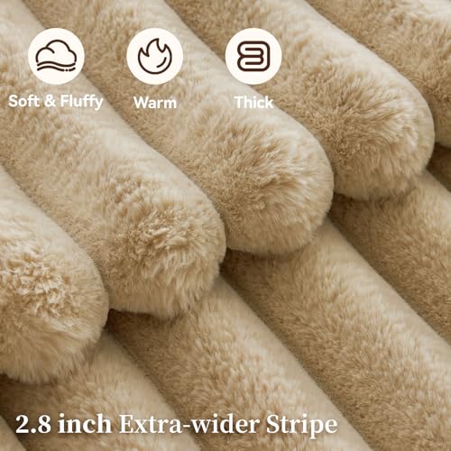 Beige Faux Fur Throw Blanket 80x90 Inches - Thick Plush Warm Cover