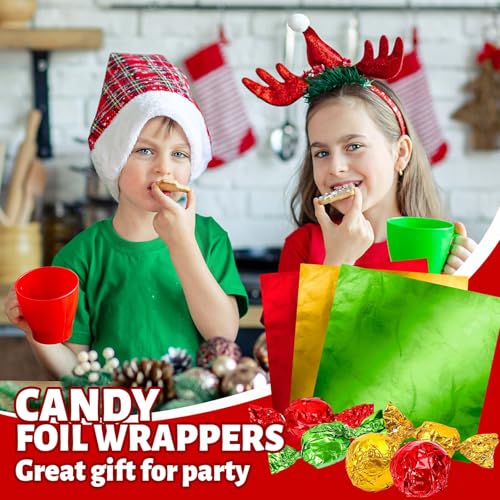Whaline 300Pcs Christmas Foil Candy Wrappers 3.9 x 3.9 Inch in Red, Green & Gold