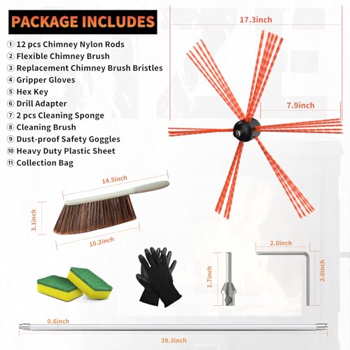39 Feet Chimney Sweep Kit with 12 Flexible Nylon Rods & Brush - Fireplace & Dryer Vent Cleaning