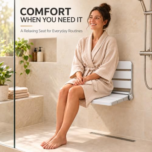 White 16-Inch Wall-Mounted Foldable Shower Seat - Teak Bench for Small Shower
