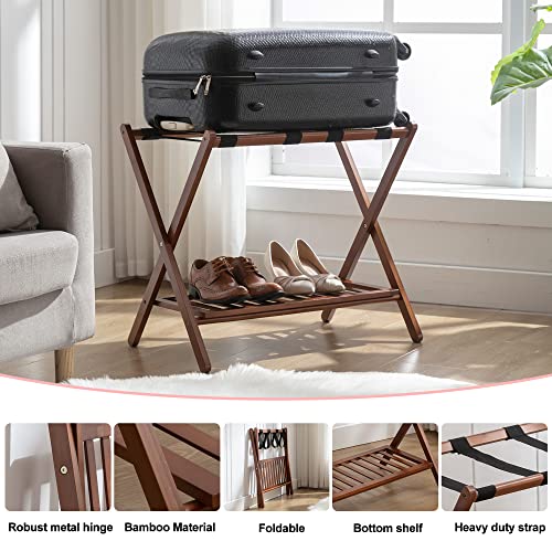 Natuvite Chestnut Brown Foldable Bamboo Luggage Rack Set of 2 with Storage Shelf