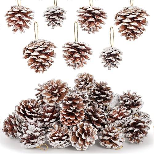 24 Pack Snow-Dusted Pine Cones for Holiday Decor, Christmas Ornaments & Crafts