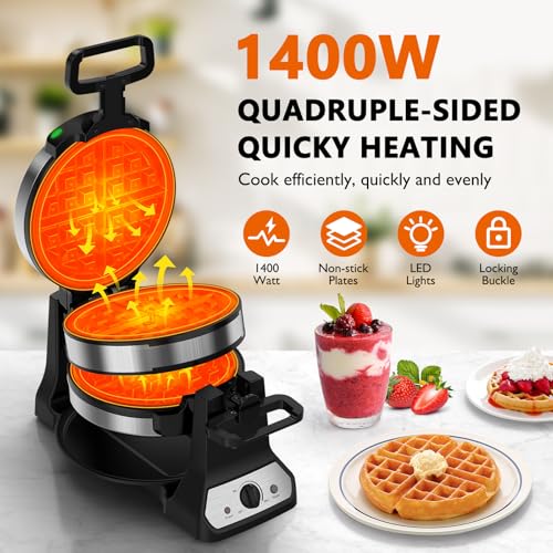 Silver Double Belgian Waffle Maker 1400W Flip Rotating Nonstick Plates
