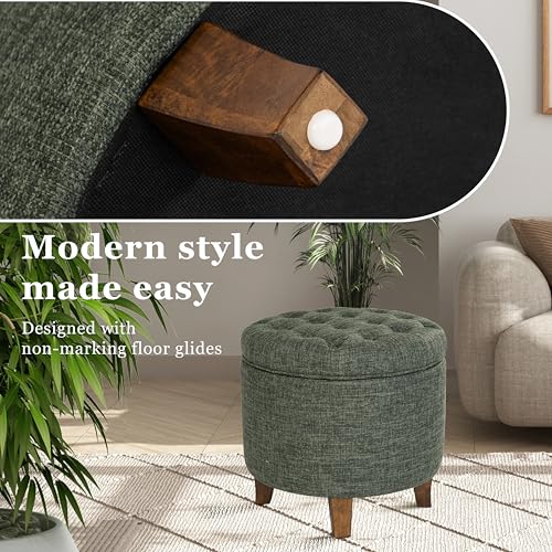 HomePop 19-Inch Green Clover Fabric Button Tufted Round Storage Ottoman