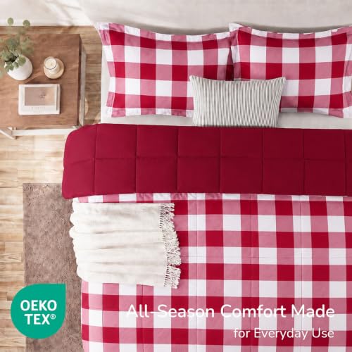 Downluxe Queen Reversible Plaid Comforter Set 3 Pieces - Red & White