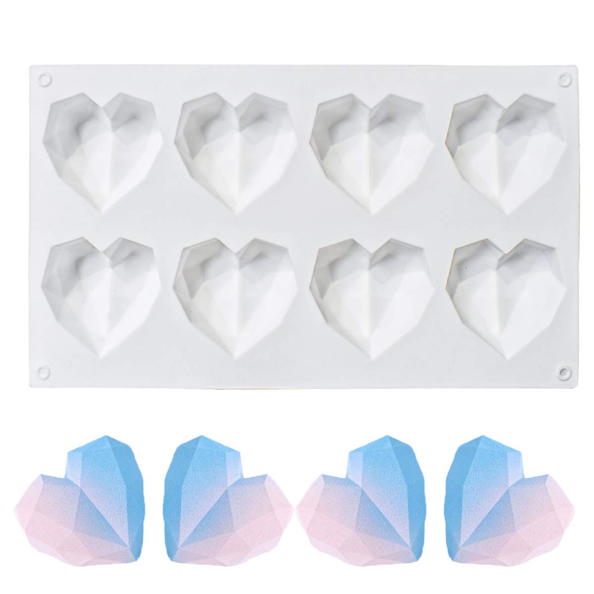 8 Grid Diamond Heart Silicone Cake Chocolate Mold Silicone Baking Pan Mold for DIY Cake Mousse Dessert 3D Diamond Love Heart Shaped Mould for Candy Fondant Ice Cream Soap Cupcake Cheesecake Jelly