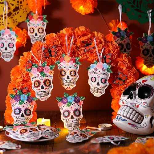 20 Pcs Day of The Dead Skull Hanging Ornaments Felt Dia De Los Muertos Sugar Halloween Tree Decoration Mexican Dia De Los Muertos Skeleton Pendent Decoration for Small Tree Christmas Xmas