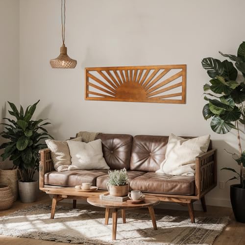 Burbell Horizontal Sun Wall Art - Boho Wooden Room Decor 35x12 Dark Brown