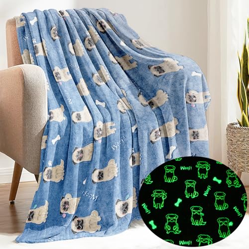 Glow in The Dark Pug Blanket, Super Soft Glowing Pugs Gifts for Pug Lovers Gift for Kids Pugs Stuffed Animal Blanket for Dog Lovers (Glow Pugs, 47" x 60")