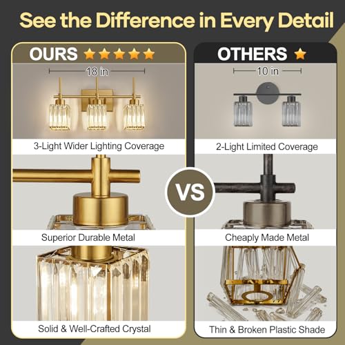 Modern Crystal Bathroom Vanity Light 3-Light Brushed Gold Wall Sconce
