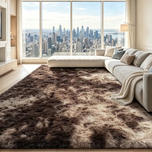 Mottled Brown 8x10 Area Rugs for Living Room, Fluffy Shag Rug Large