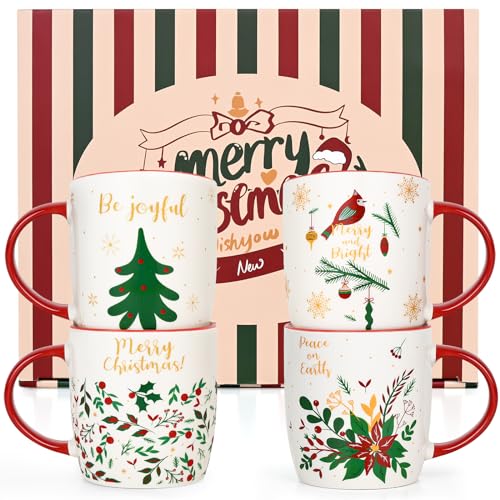 Merry Christmas Christmas Mug Set of 4 - 11 Oz Ceramic Tree Mugs Gift Set (Merry Xmas Gifts Ornaments)