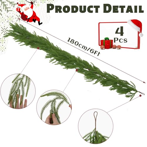 6 FT Artificial Norfolk Pine Garland - 4 Pack Holiday Decor, Faux Christmas Wreaths
