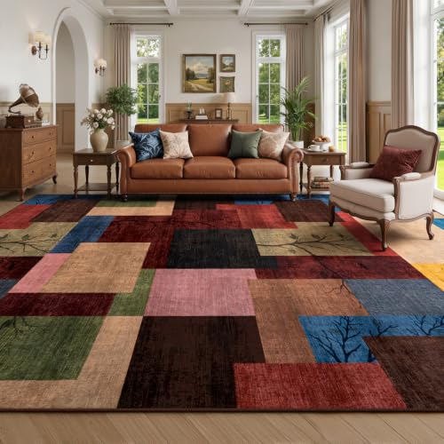 8' x 10' Colorful Geometric Area Rug - Non-Slip Modern Patchwork Carpet
