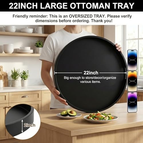 Large Round Ottoman Serving Tray 22 Inch Black Modern Home Decor