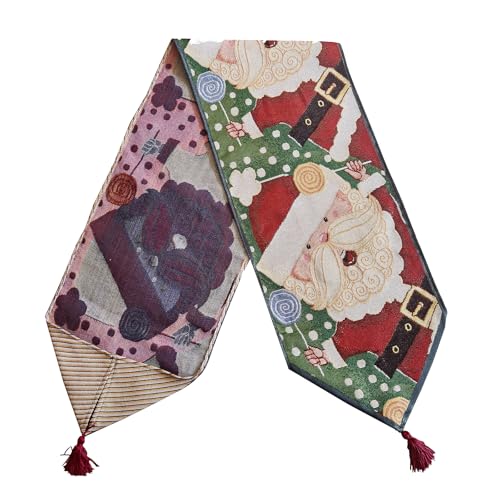 AureoMadis Santa Table Runner 13x70 in Jacquard Woven with Tassels, Red Santa & Lollipop Design