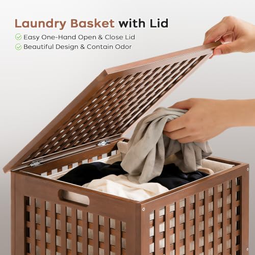Walnut Laundry Hamper with Lid - 120L Bamboo Clothes Basket with Removable Liner