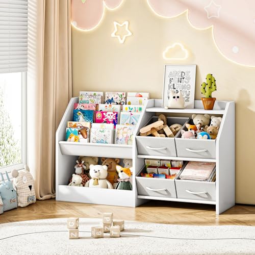 Kids Bookshelf with 3-Tier Fabric Slings & 4 Drawers, Toddler Toy Storage Organizer, White