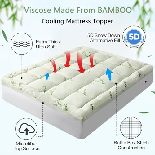 White RV King Size Bamboo Viscose Mattress Topper - Extra Thick Quilted Bed Pad