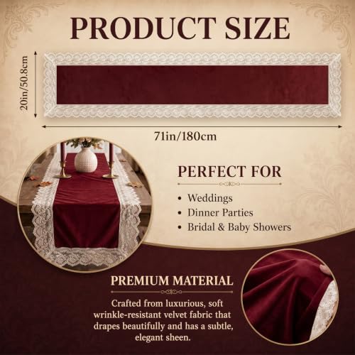 Flutesan Burgundy Velvet Lace Table Runner 20x70 Inch | Victoria Christmas Wedding Decor