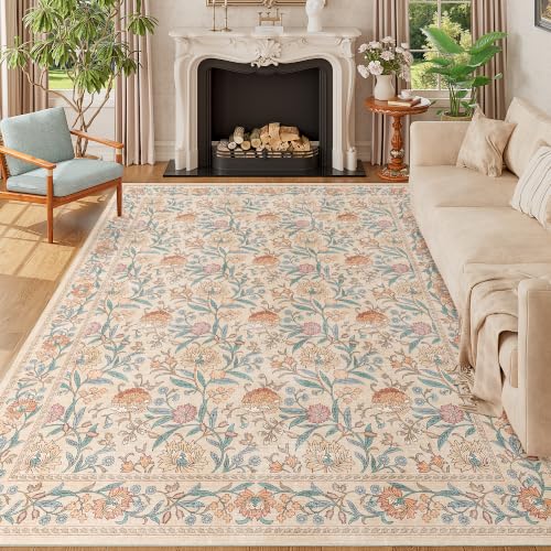 Beige Vintage Floral 8x10 Area Rug - Washable, Soft Low Pile, Non-Slip