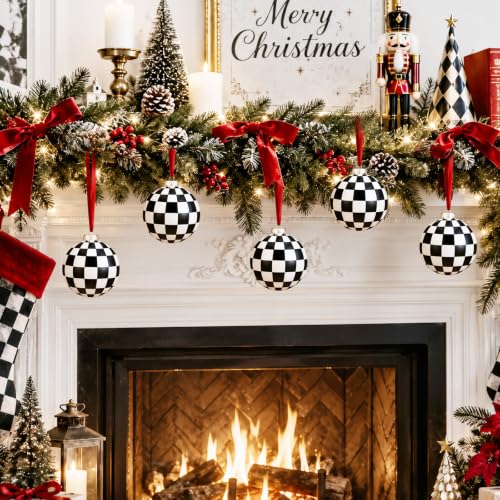 Chuangdi 6 Pcs Christmas Ball Ornaments Black and White Checkered