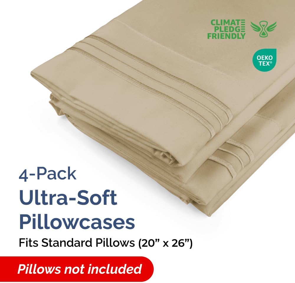 Skiennix Standard Pillow Cases Set of 4 | Ultra Soft Hotel Quality Covers - Machine Washable Beige