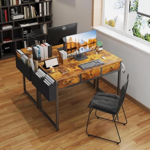 Rustic Brown 39.4 Inch Desk with Drawers - Space-Saving Home Office Writing Table