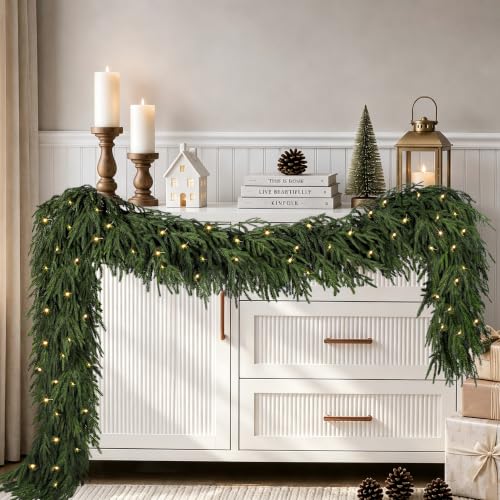 9FT Norfolk Pine Garland with Separate Lights,Lush Christmas Mantle
